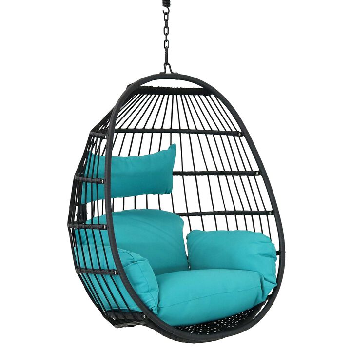 Sunnydaze Black Resin Wicker Hanging Egg Chair with Cushions - Blue