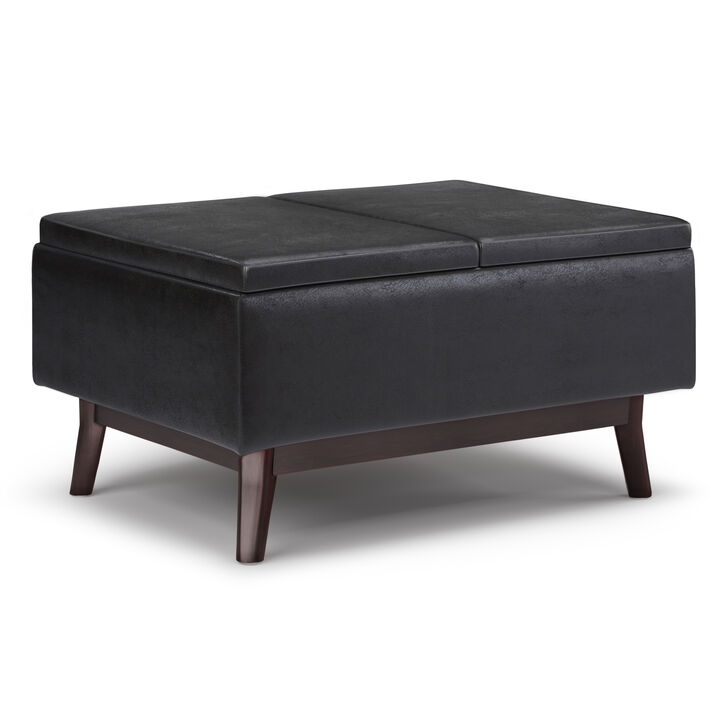 Owen 34 inch Wide Mid Century Modern Rectangle Tray Top Small Coffee Table Storage Ottoman in Distressed Black Vegan Faux Leather, Assembled
