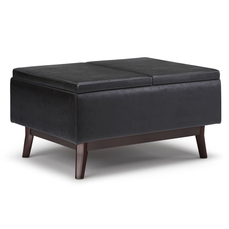 Owen 34 inch Wide Mid Century Modern Rectangle Tray Top Small Coffee Table Storage Ottoman in Distressed Black Vegan Faux Leather, Assembled image number 0