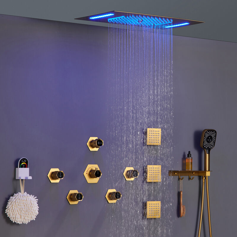 Mondawe Free Combination Handles Flush Ceiling Mounteded Thermostatic 3 Functions 7 Sprays Luxury Shower System with 3 Body Jets and Shower Holder in Brushed Nickel (Rough-in Valve Included)