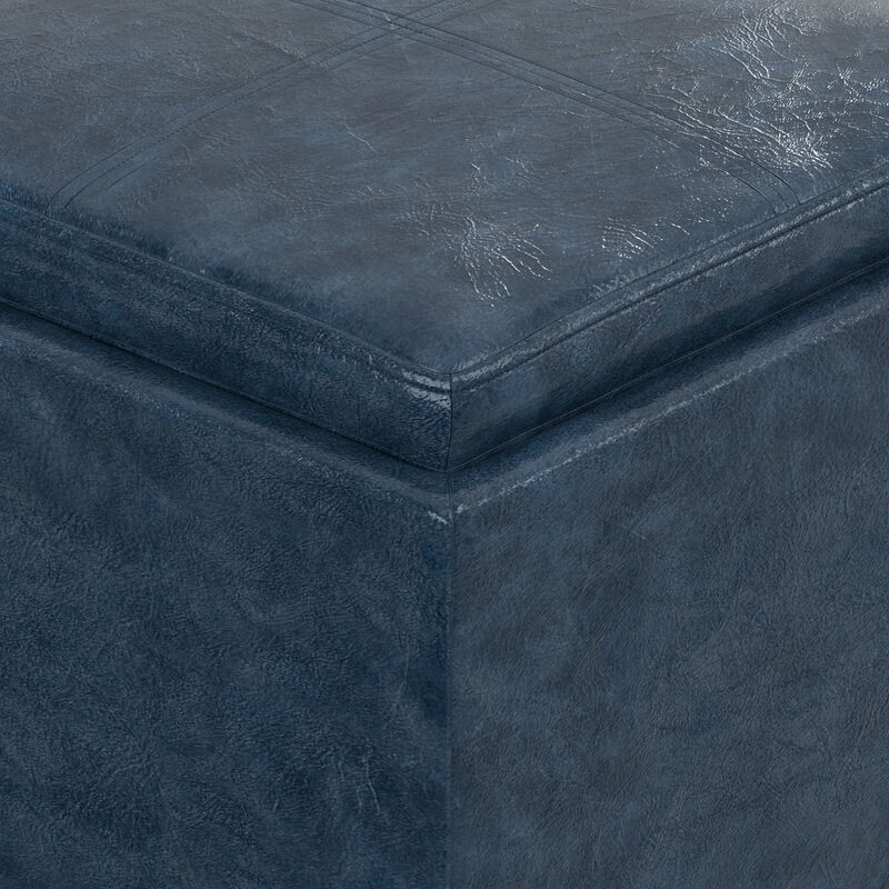 Rockwood 17 inch Wide Contemporary Square Cube Storage Ottoman with Tray in Denim Blue Vegan Faux Leather, Assembled image number 7