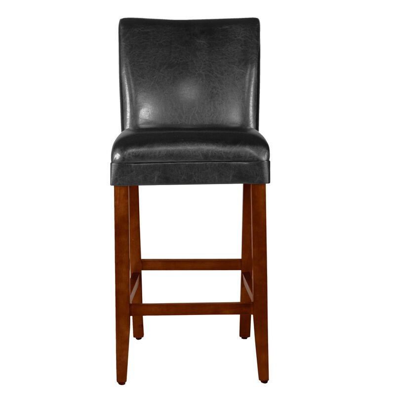 Wooden 29 Inch Bar Stool with Faux Leather Padded Seat and Tapered Feet, Black and Brown