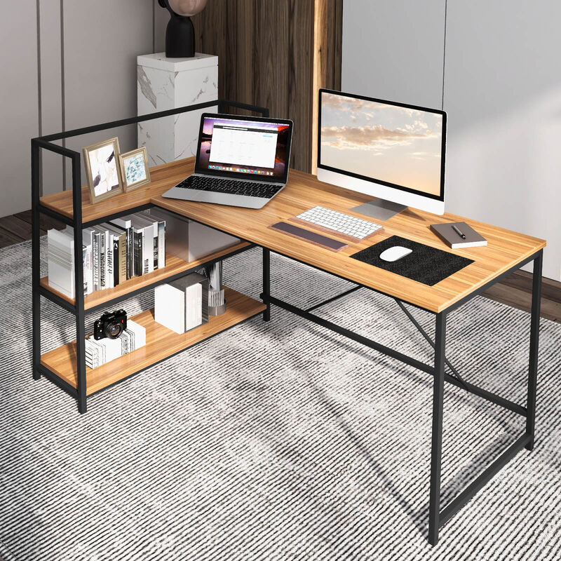 Reversible L-Shaped Corner Desk with 3-Tier Open Shelves for Home Office Computer Workstation