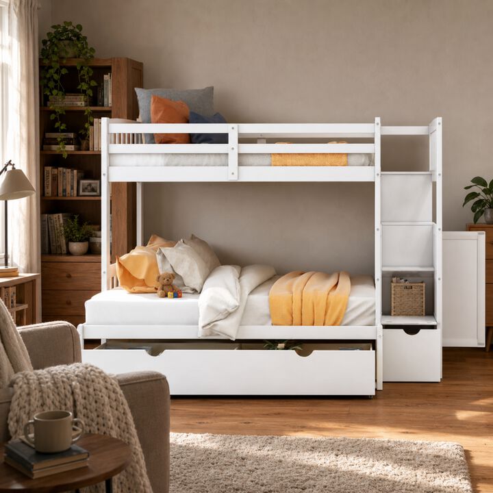 Whisen Twin over Full Bunk Bed with Staircase & Drawers, Solid Pine Convertible for Kids Bedroom