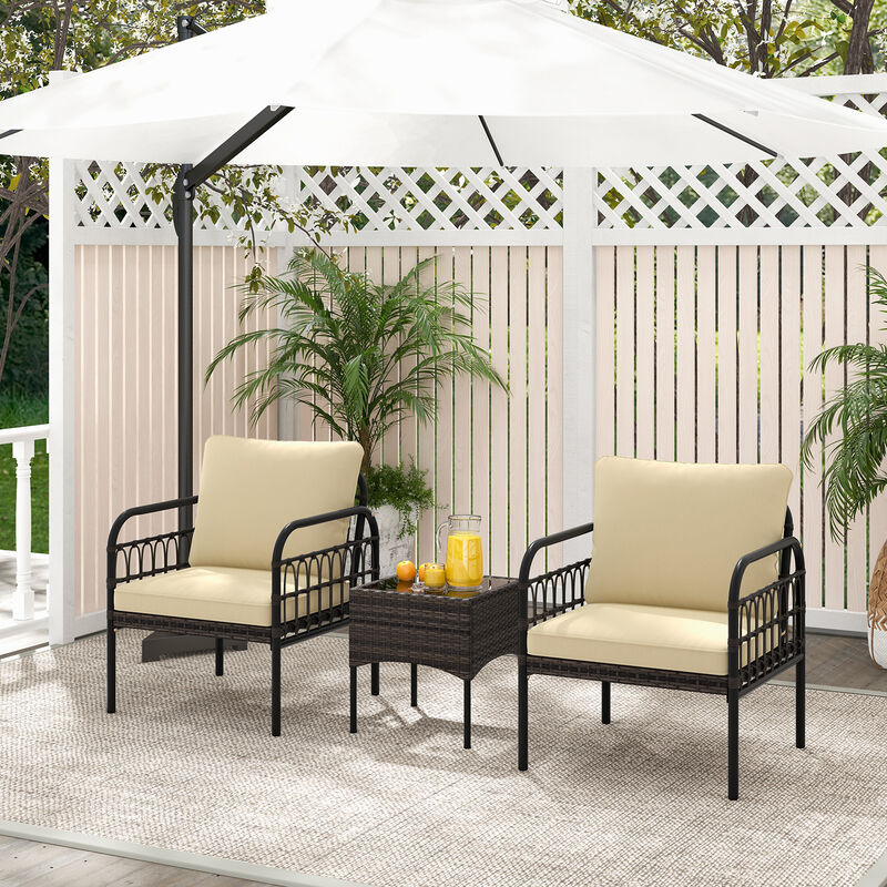 3 Pieces Patio Wicker Conversation Set with Cushions and Tempered Glass Coffee Table-Beige
