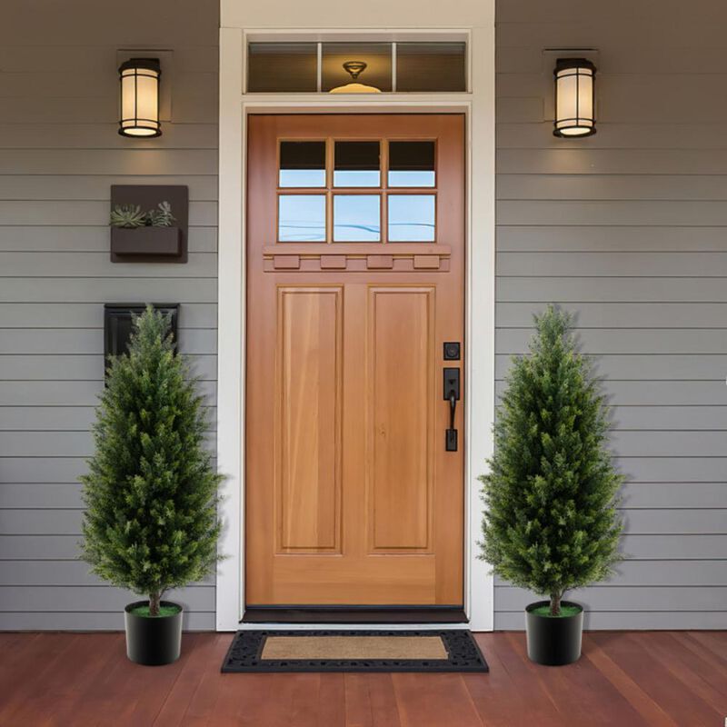 Hivvago Artificial Topiary Cedar Tree with Cement Plastic Pot and Faux Moss