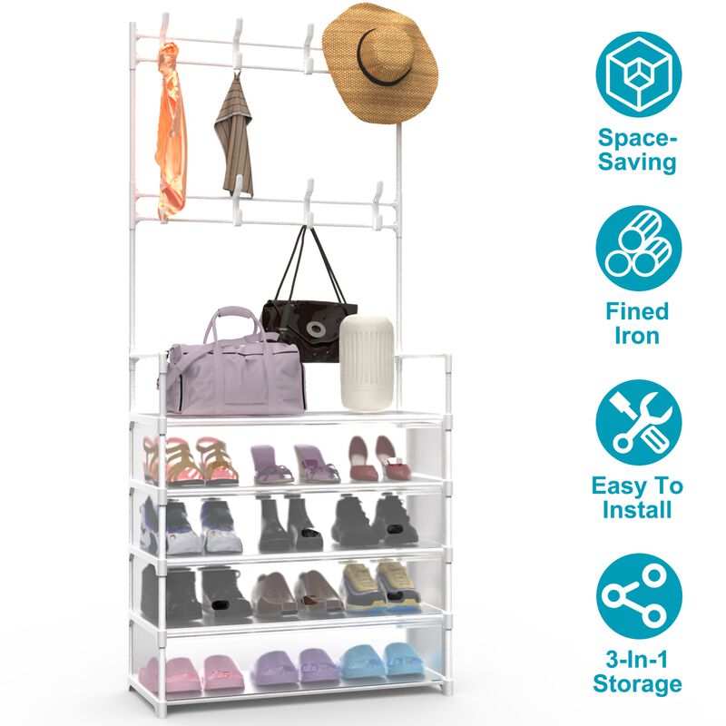 Freestanding Entryway Organizer, 5-Tier Hall Tree with Coat Rack, Shoe Shelf & Hooks