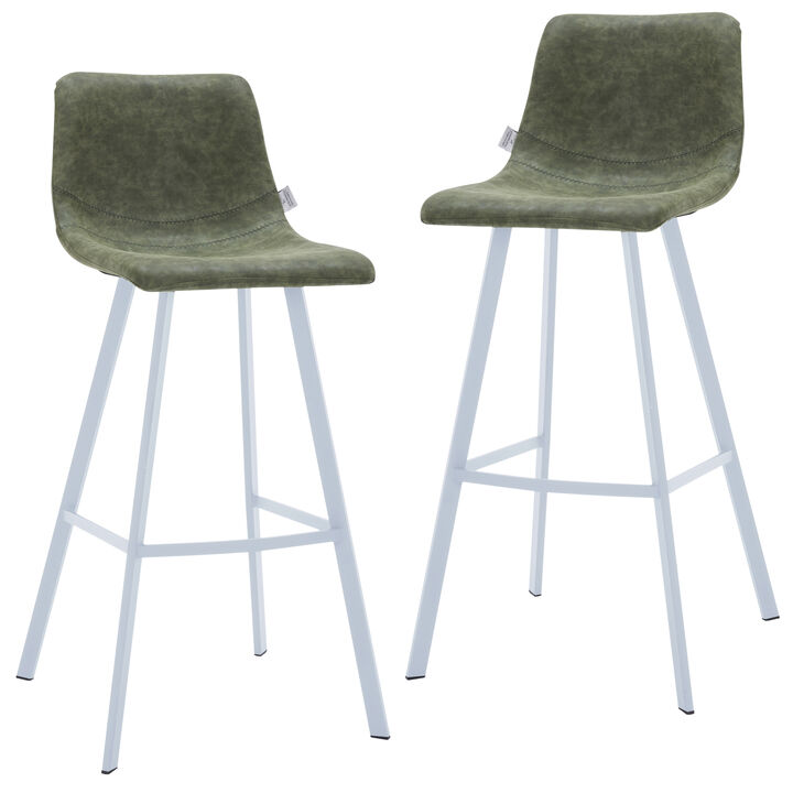 LeisureMod Elland 41" Upholstered Leather Bar Stool with Iron Legs - Modern White Base and Footrest Counter Height Stool for Kitchen and Bar, Set of 2