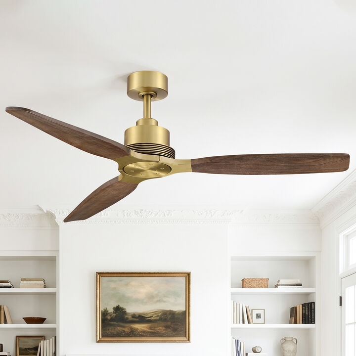 56" Mid-Century Modern Soft Brass Solid Wood Reversible 6 Speed Ceiling Fan No Light with Remote