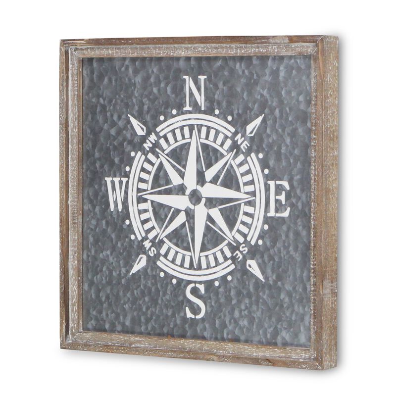HomeRoots 17" X 17" Gray Compass Galvanized Metal And Wood Square Framed Art image number 2
