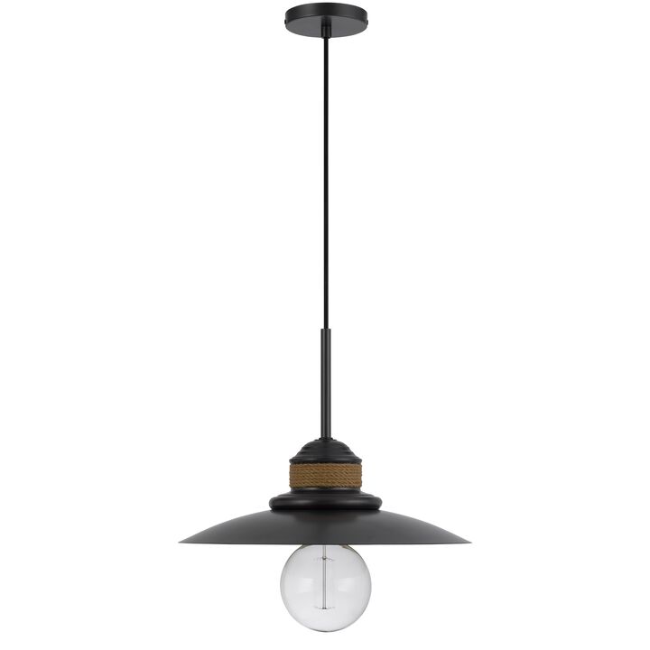 Oly 16 Inch Pendant Light w Burlap Rope Design, Dark Gray - Benzara