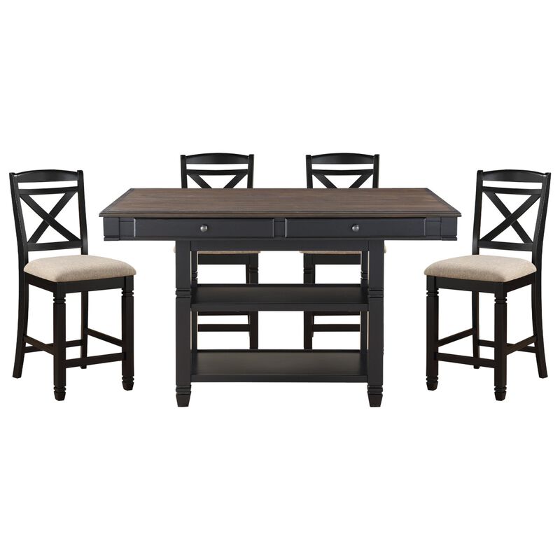Transitional Style Counter Height Dining Set 5pc Table w Display Shelves Drawers and 4x Counter Height Chairs Black Finish Funiture image number 4