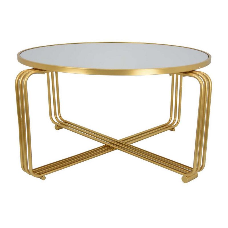 Plant Stand Coffee Table, 37 Inch Round Mirror Top, Modern Gold Metal - Benzara