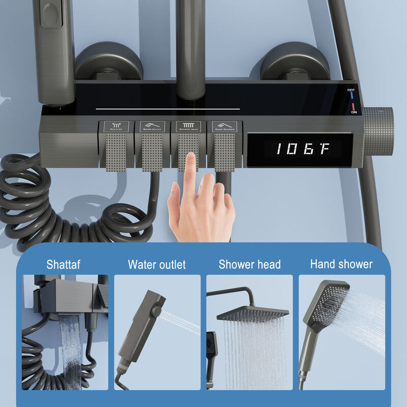 FUFU&GAGA Modern Shower System with Copper Valve Core, 201 Stainless Steel Pipe, PVC Spray Heads, and Fahrenheit Temperature Display, Complete Bathroom Fixture, (11.8" L x 7.9" W x 46.7" H), Black