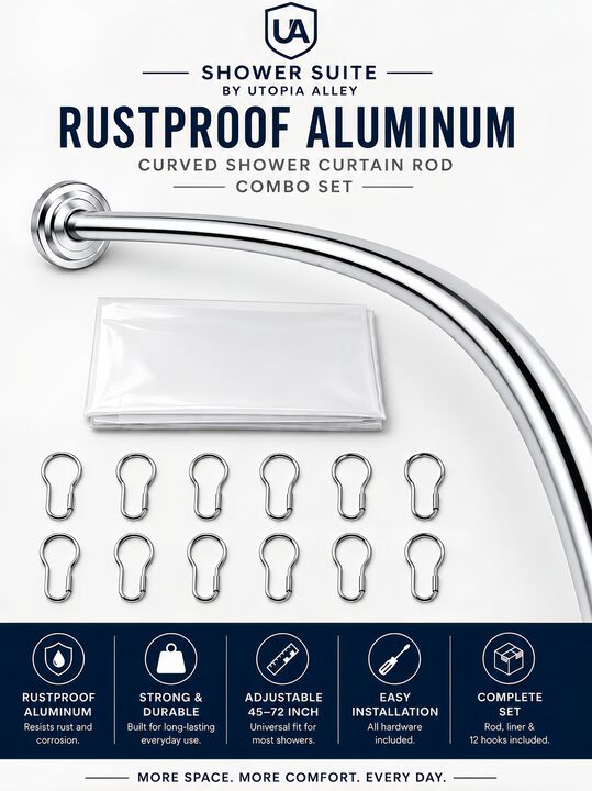 Shower Suite by Utopia Alley &ndash; Rustproof Aluminum Curved Shower Curtain Rod Combo Set with Liner & 12 Hooks, Adjustable 45&ndash;72 Inch Wall Mount Rod