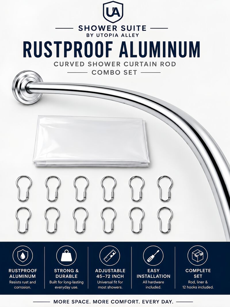 Shower Suite by Utopia Alley &ndash; Rustproof Aluminum Curved Shower Curtain Rod Combo Set with Liner & 12 Hooks, Adjustable 45&ndash;72 Inch Wall Mount Rod image number 1