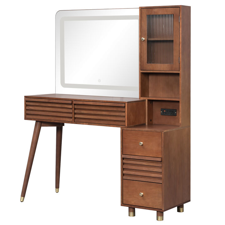 Merax 5-Drawer LED Vanity Table with Fluted Glass Cabinet, 3-Color Lighting, Charging Station