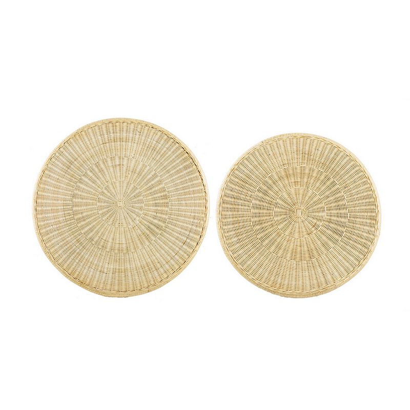 32, 40 Inch Coffee Table Set of 2, Round Tops, Handwoven Rattan, Brown