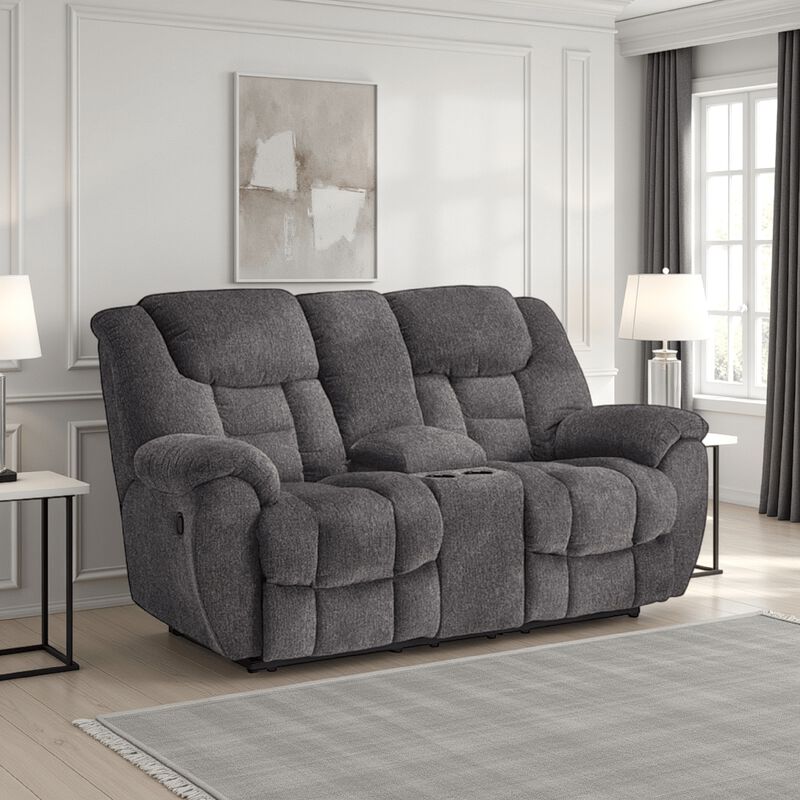 Dane Manual Double Reclining Loveseat, Rich Gray Polyester, 76 Inch - Benzara