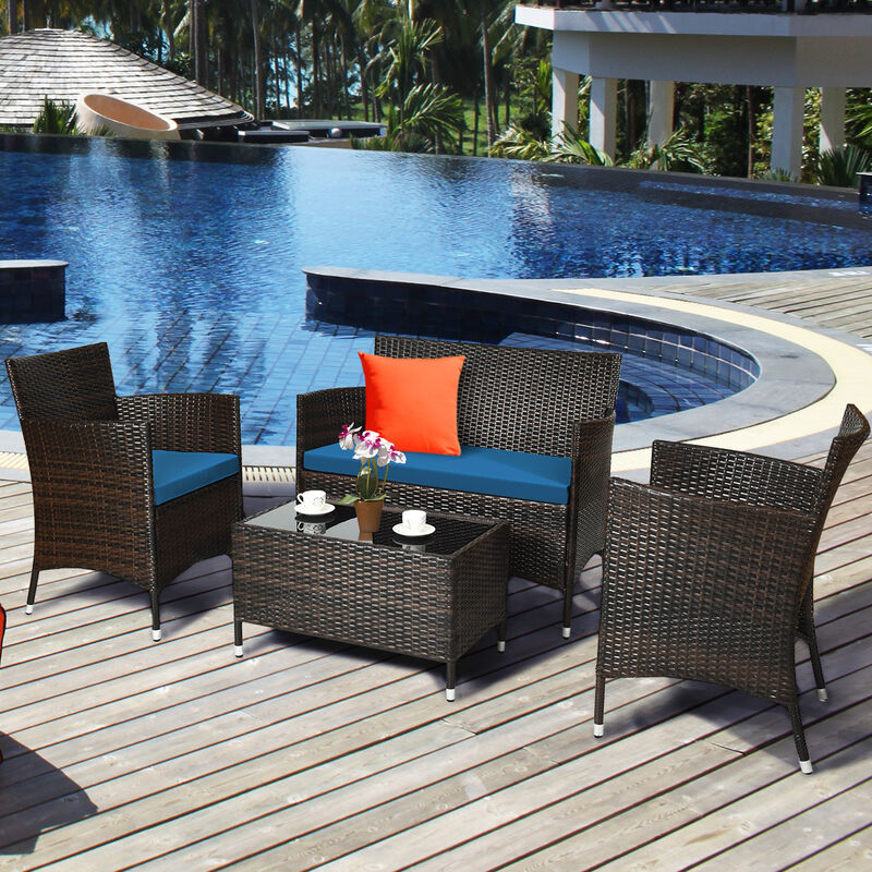 4 Pieces Comfortable Outdoor Rattan Sofa Set with Glass Coffee Table