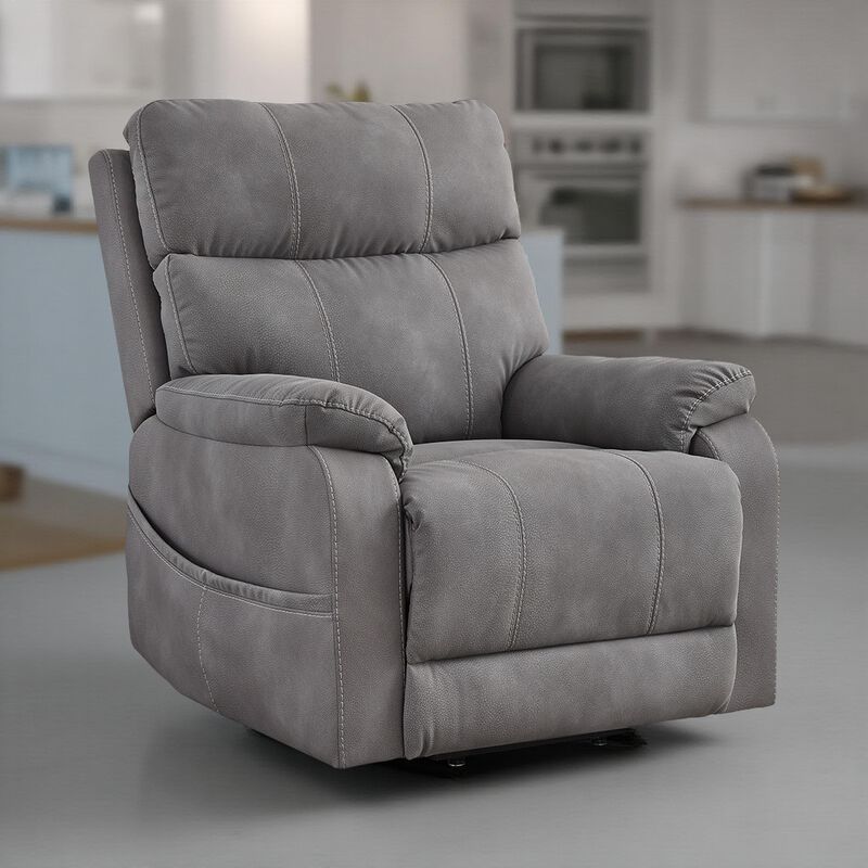Corbin Power Lift Recliner Chair, Gray Faux Leather, Pillow Top Arms - Benzara