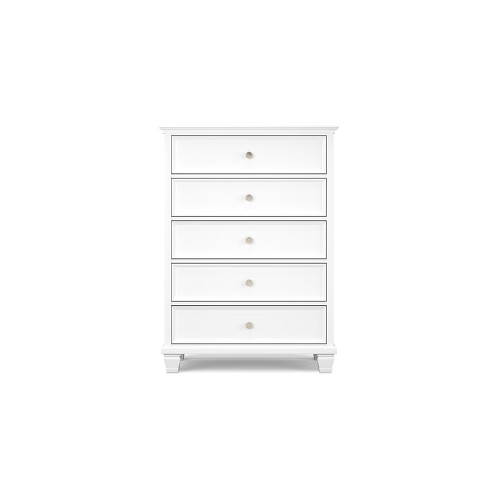 Heno Tall Dresser Chest, 5 Storage Drawers w Nickel Round Knobs, White - Benzara