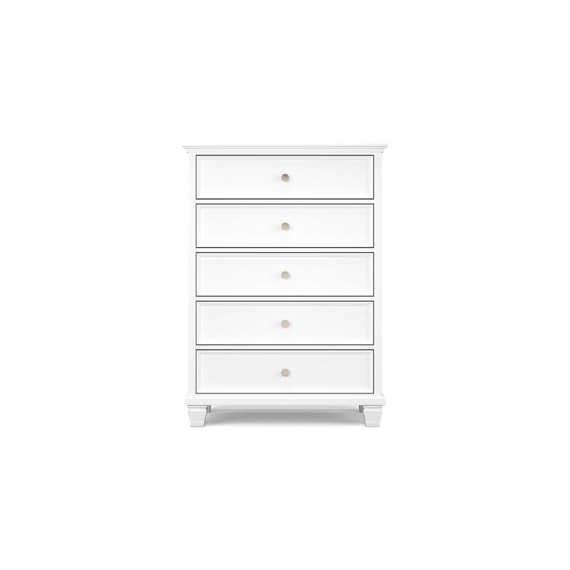 Heno Tall Dresser Chest, 5 Storage Drawers w Nickel Round Knobs, White - Benzara