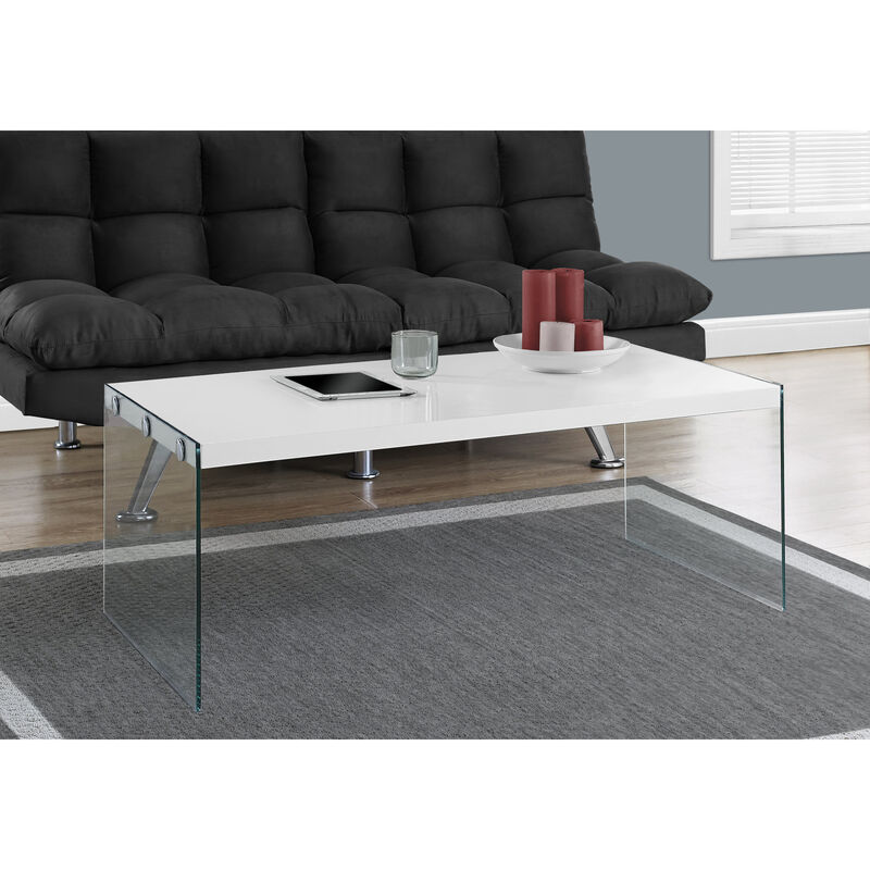 Monarch Specialties I 3286 Coffee Table, Accent, Cocktail, Rectangular, Living Room, 44"L, Tempered Glass, Laminate, Glossy White, Clear, Contemporary, Modern