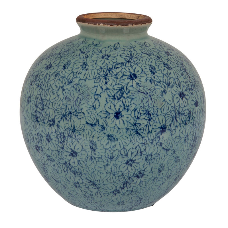 Round Decorative Terra-cotta Vase with Transferware Pattern, Blue image number 3