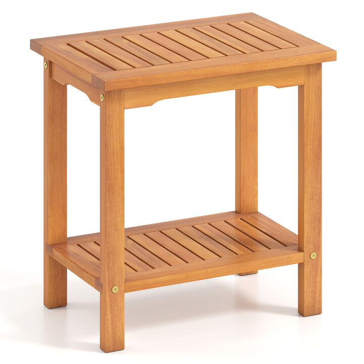 Outdoor 2-Tier Acacia Wood Side Table with Slatted Top and Lower Storage Shelf-Natural