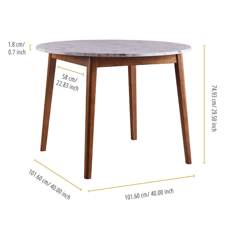 Teamson Home Dining Table Round with Faux Marble Top & Walnut Legs Ashton
