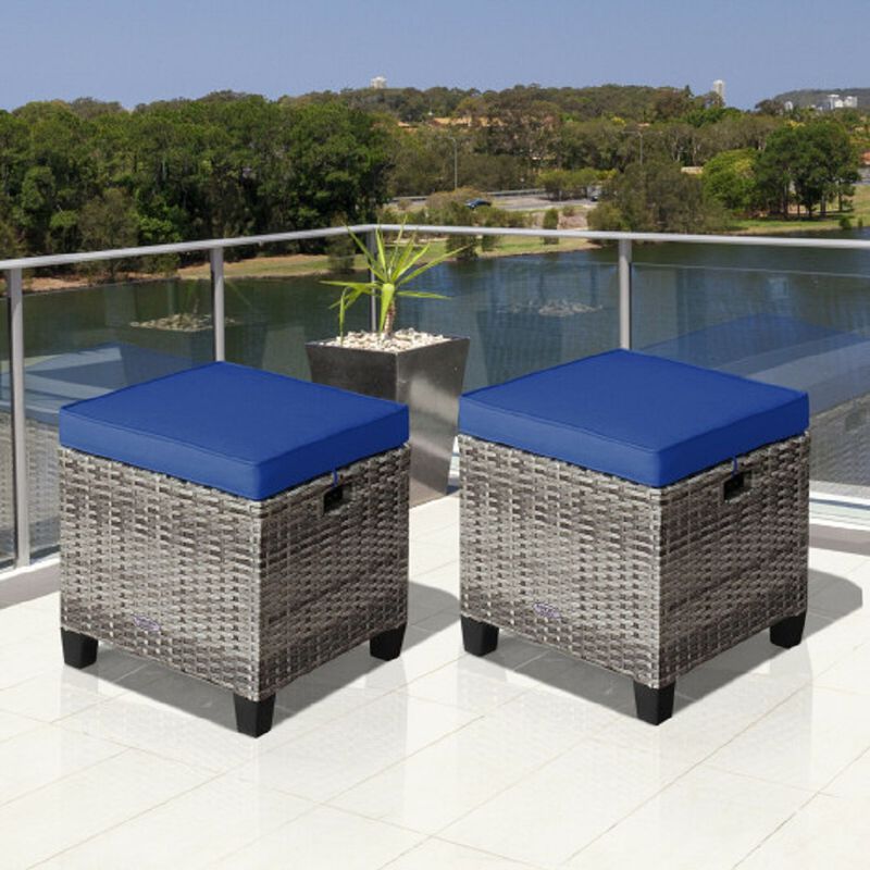 2PCS Patio Rattan Wicker Ottoman Seat with Removable Cushions image number 1