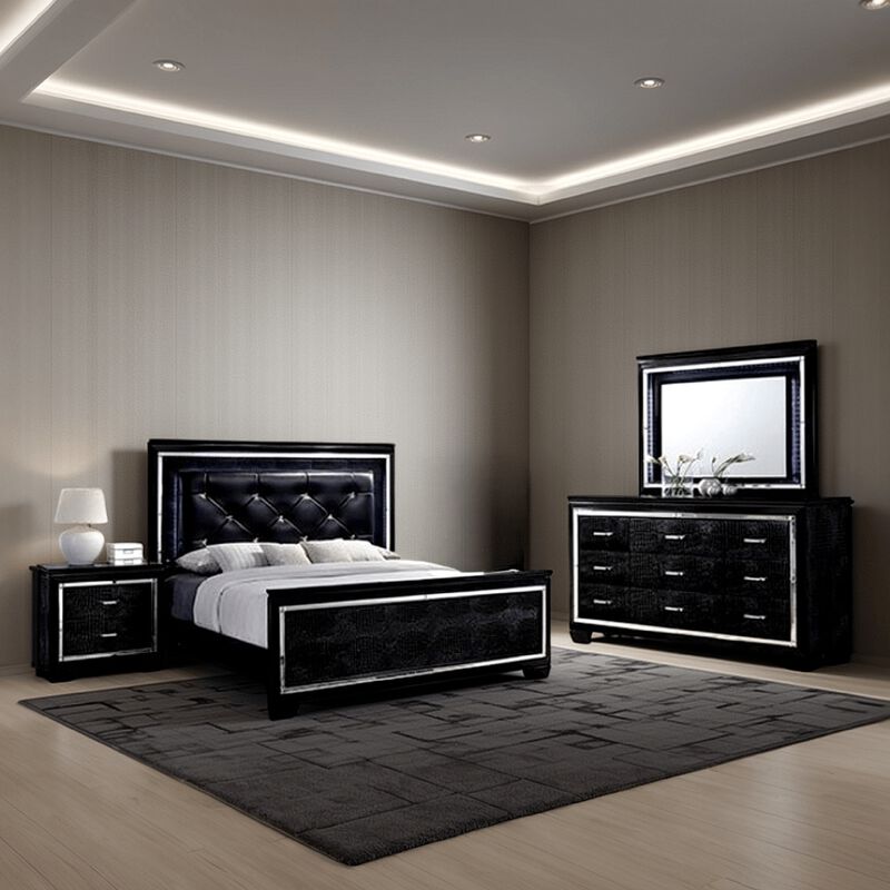 Kae 4 Pc California King Bedroom Set, LED and Mirror Trim, Textured, Black - Benzara