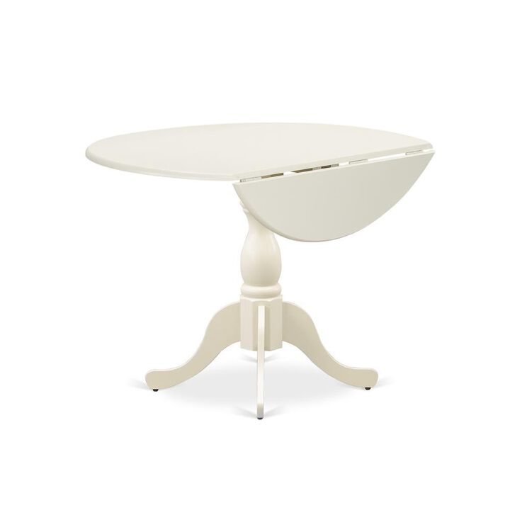 Round Wood Table Linen White Color Drops Leave Table Top Surface and Asian Wood Dining Table Pedestal Legs -Linen White Finish