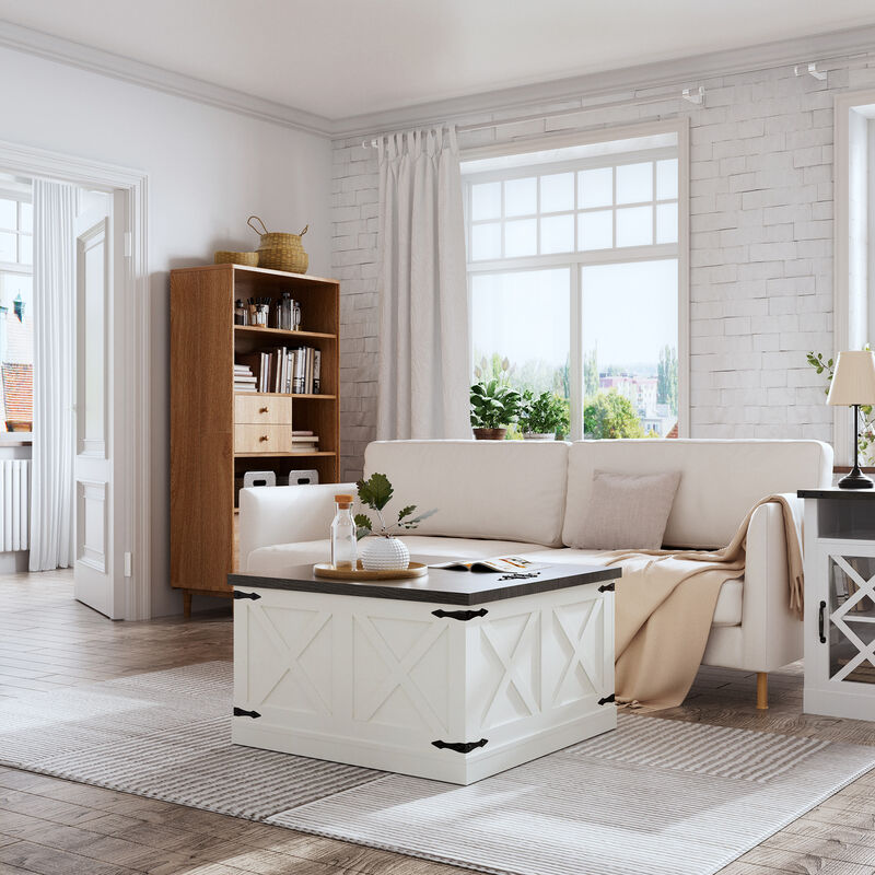 Farmhouse Square Coffee Table Wooden Center Table Rustic Cocktail Table with Hinged Lift Top and Large Hidden Storage Compartment, White