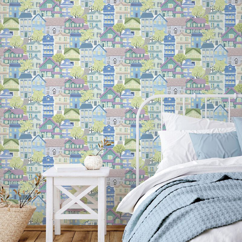 Kids and Teens Whimsical Houses Blue Wallpaper G78601 image number 1