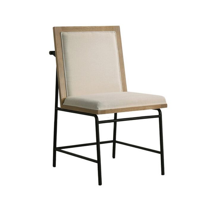Tory 25 Inch Dining Chair Set of 2, Cream Fabric, Brown Wood, Black Metal - Benzara