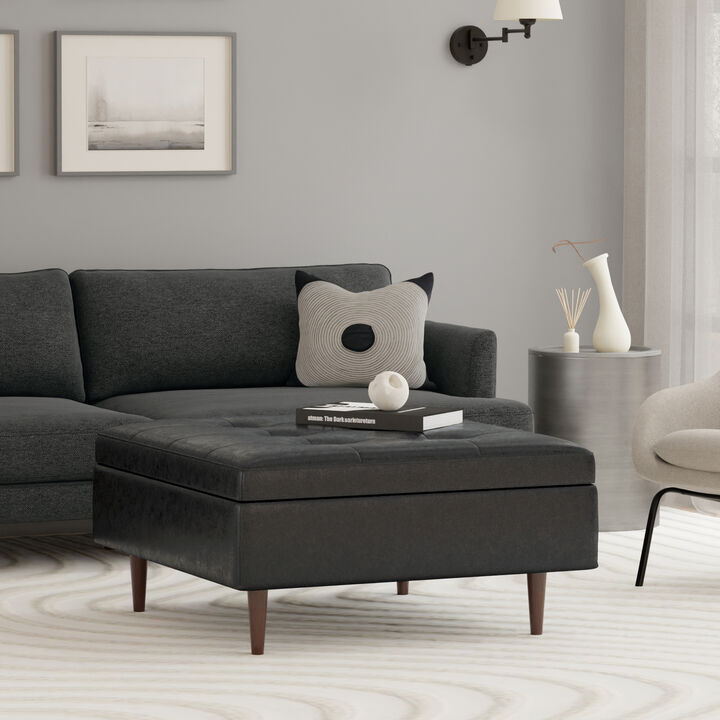 Shay 38 inch Wide Mid Century Modern Square Mid Century Large Square Coffee Table Storage Ottoman in Distressed Black Vegan Faux Leather, Assembled