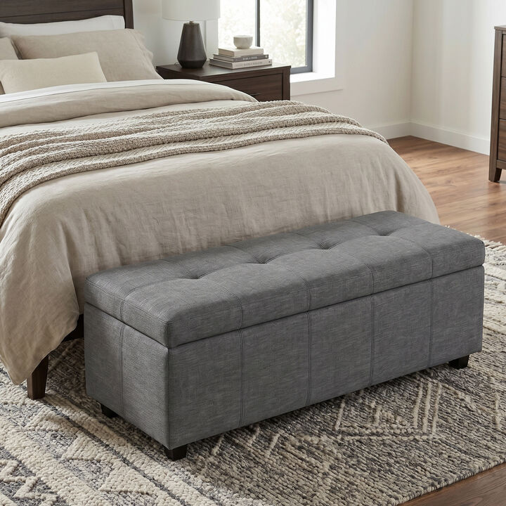 Avalon 48 inch Wide Contemporary Rectangle Storage Ottoman Bench in Slate Grey Linen Look Fabric, Assembled