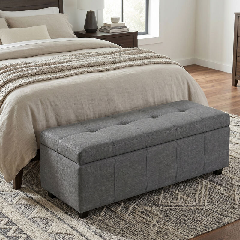 Avalon 48 inch Wide Contemporary Rectangle Storage Ottoman Bench in Slate Grey Linen Look Fabric, Assembled image number 1