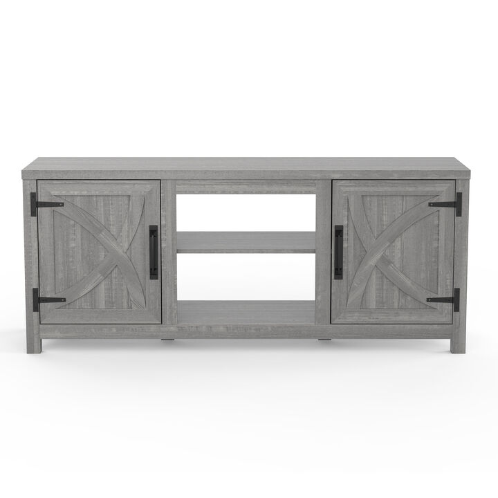58" Farmhouse Light Gray TV Stand with Open Storage Shelves and Cabinets for TV up to 65"