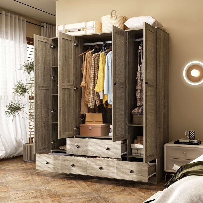 Brown Wood Grain 59 in. W Rattan Doors Design Armoires Wardrobe with 5-Drawers, 2-Hanging Rods (70.8 in. H x 18.8 in. D)