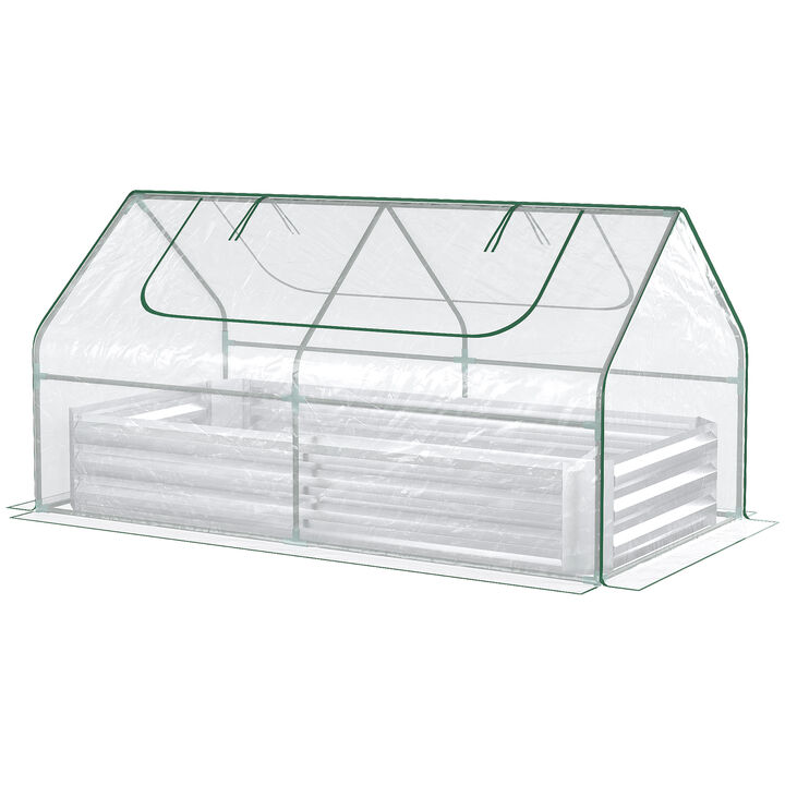 Outsunny 6' x 3' Galvanized Raised Garden Bed with Mini PVC Greenhouse Cover, Outdoor Metal Planter Box with 2 Roll-Up Windows for Growing Flowers, Fruits, Vegetables and Herbs, Silver