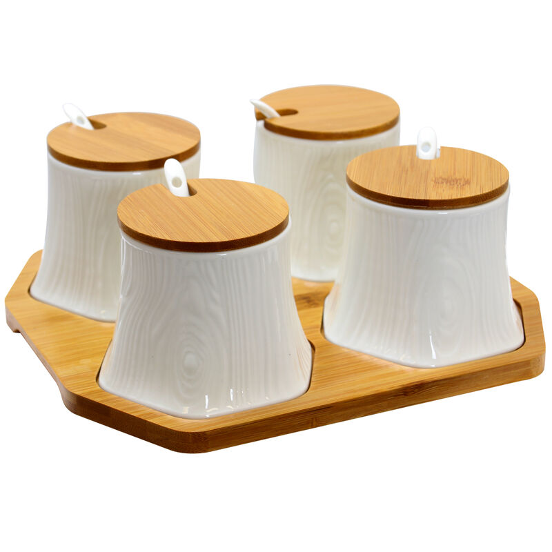 Elama Ceramic Spice, Jam and Salsa Jars with Bamboo Lids & Serving Spoons image number 1