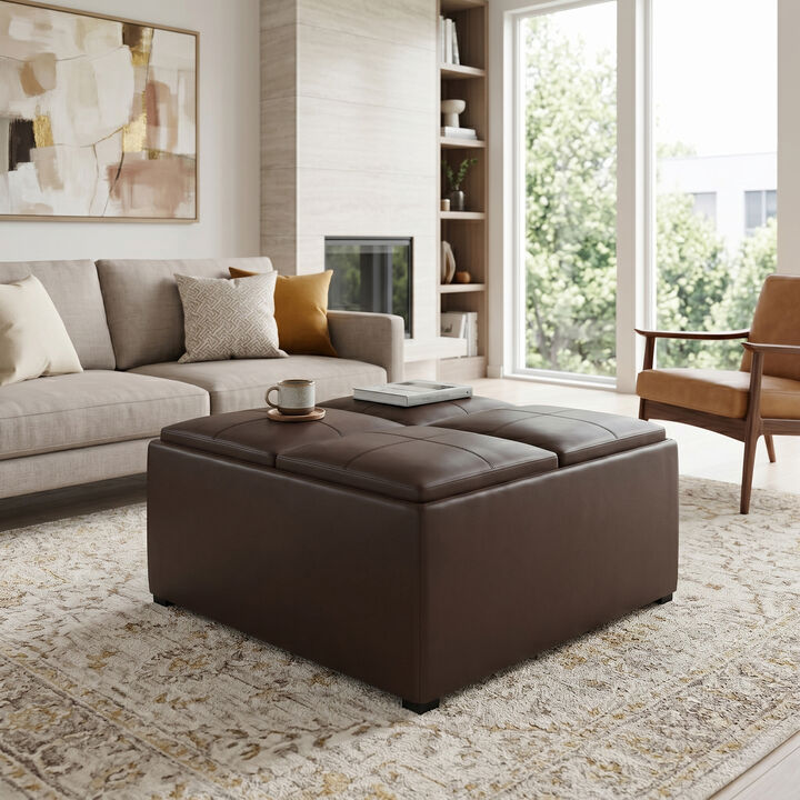 Avalon 35 inch Wide Contemporary Square Coffee Table Storage Ottoman in Chocolate Brown Vegan Faux Leather, Assembled