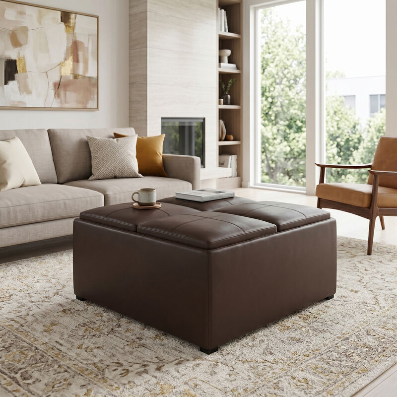 Avalon 35 inch Wide Contemporary Square Coffee Table Storage Ottoman in Chocolate Brown Vegan Faux Leather, Assembled image number 1