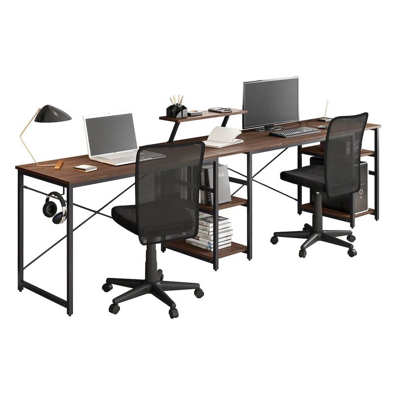Techni Mobili L-Shape Industrial Desk with storage shelves, Walnut