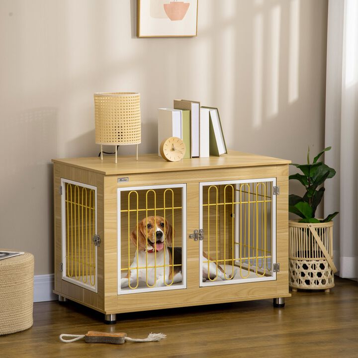 Dog Crate Side End Table Indoor with Soft Cushion, Double Doors, for Medium Large Dogs