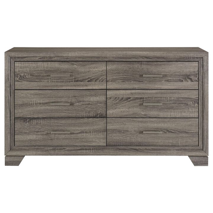 Reay Wide Dresser, Brown Oak Finish, 6 Drawers Silver Metal Handles - Benzara
