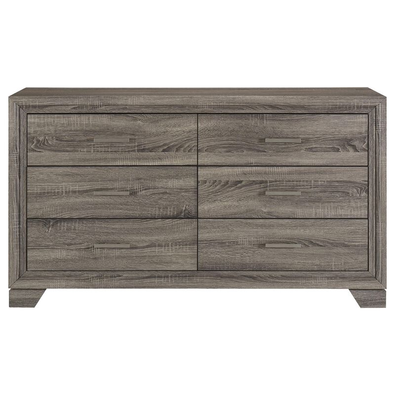 Reay Wide Dresser, Brown Oak Finish, 6 Drawers Silver Metal Handles - Benzara